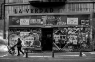 Dog In pushchair in front of a boarded up shop